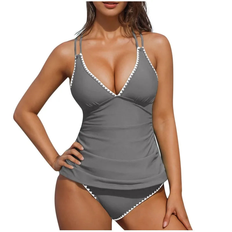 Women Tankini Swimsuit Color Block Tummy Control V Neck Push Up Top High Waisted Swim Bottom 2026 Summer Two Piece Bathing Suit