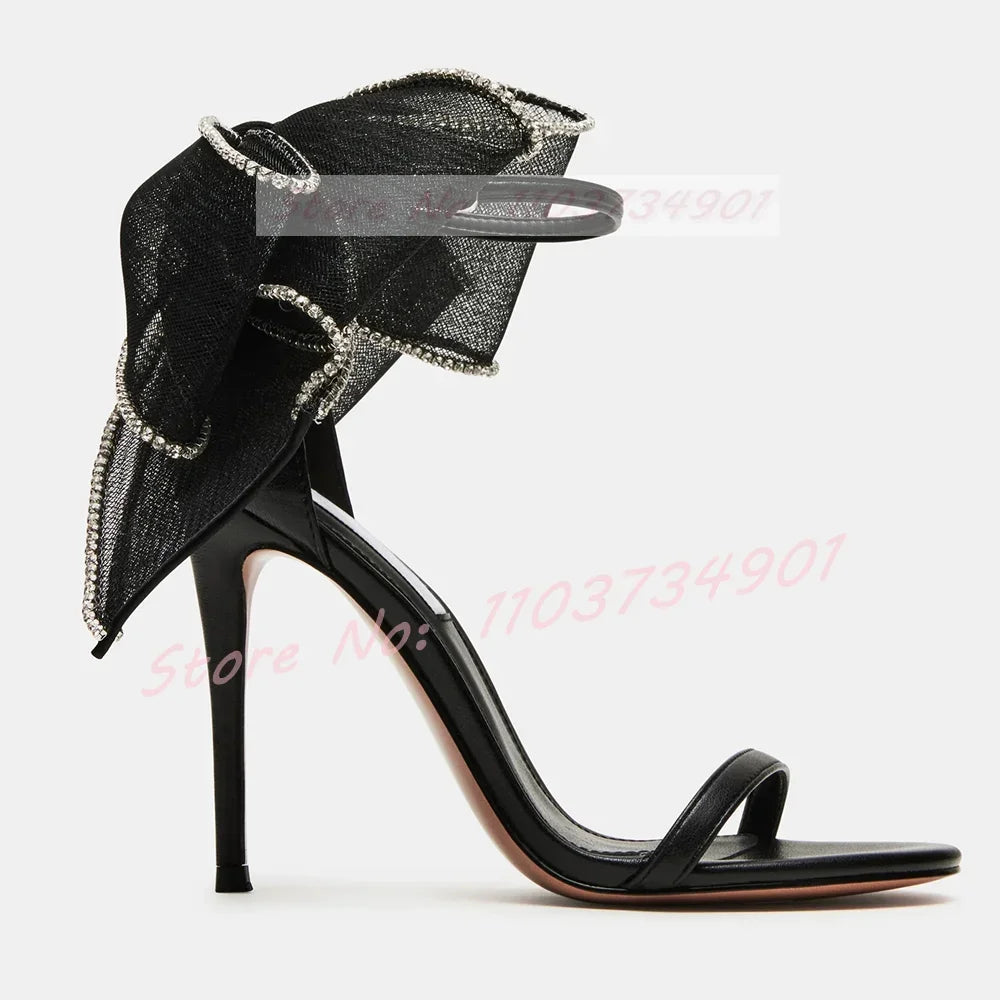 Big Butterfly-Knot Crystals Wedding Sandals Women Elegant Pearl Round Toe High Heels Shoes Lady Ankle Strap Party Trendy Sandals