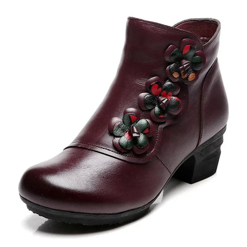 YAERNI Autumn Winter Shoes Woman Cow Leather Flower Shoes Comfort Med Heel Ankle Boots Genuine Leather Fashion Shoes women