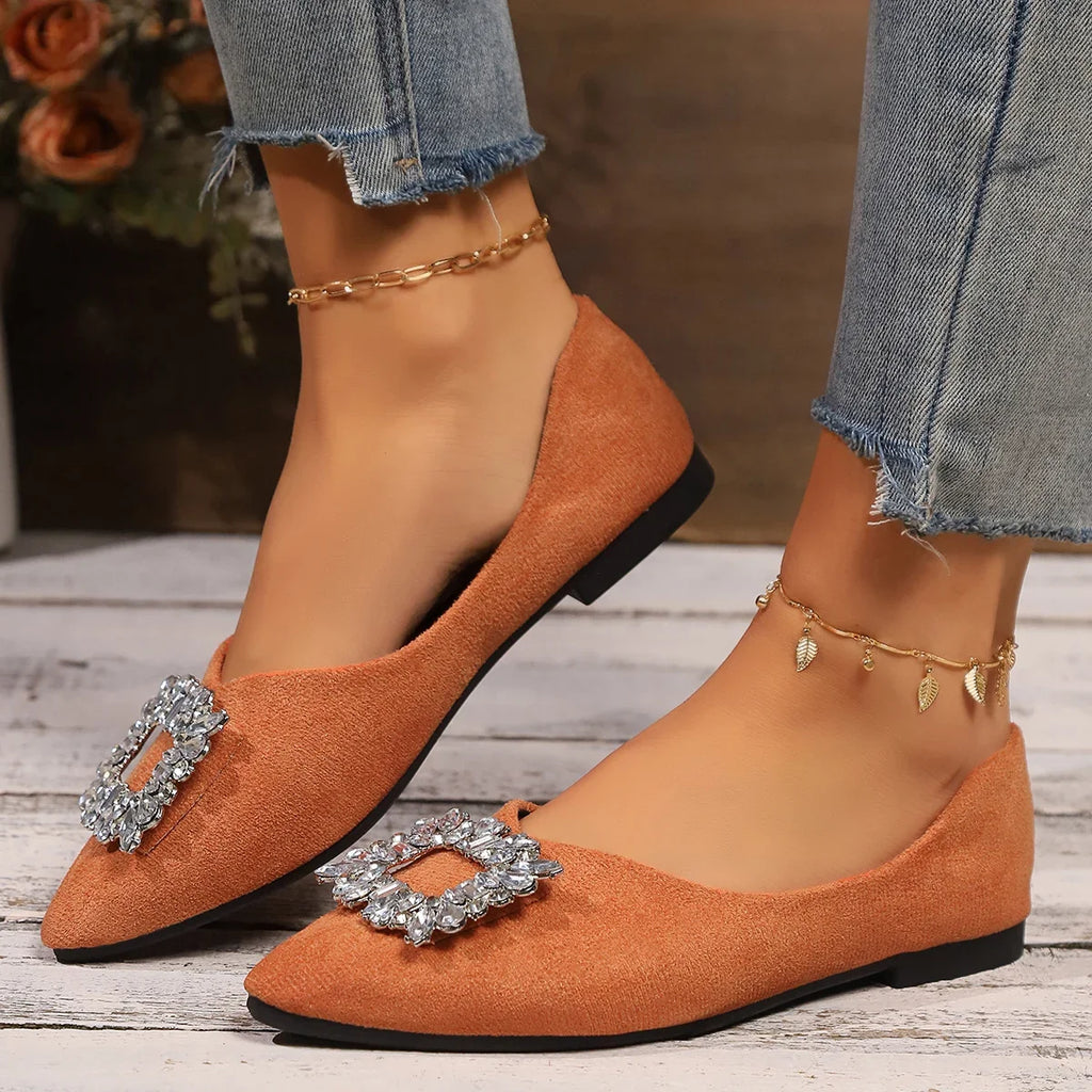 2024 New Spring and Autumn Flat Shoes Women's Shoes Pointed Diamond Metal Square Buckle Single Shoes