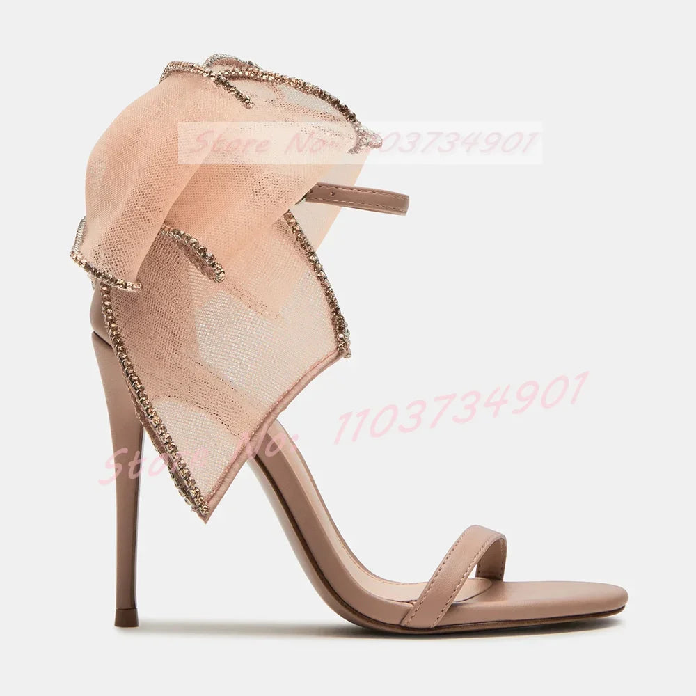 Big Butterfly-Knot Crystals Wedding Sandals Women Elegant Pearl Round Toe High Heels Shoes Lady Ankle Strap Party Trendy Sandals