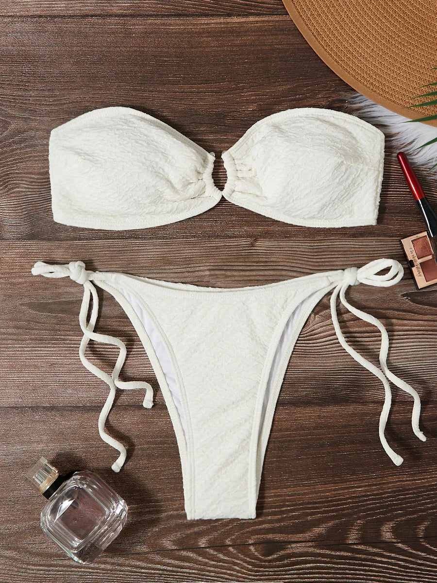 White Black Bandeau Bikini 2024 Women Sexy Thong Swimsuit Push Up Swimwear Female Bathing Suit Swimming Summer Beachwear Biquini