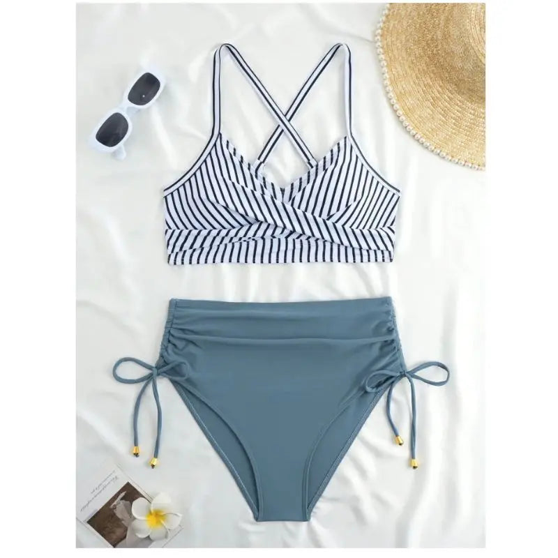 Cikini Sexy High Waist Criss-Cross Strap Bikini Set For Women, Metal Pendant Decor, Adjustable Drawstring