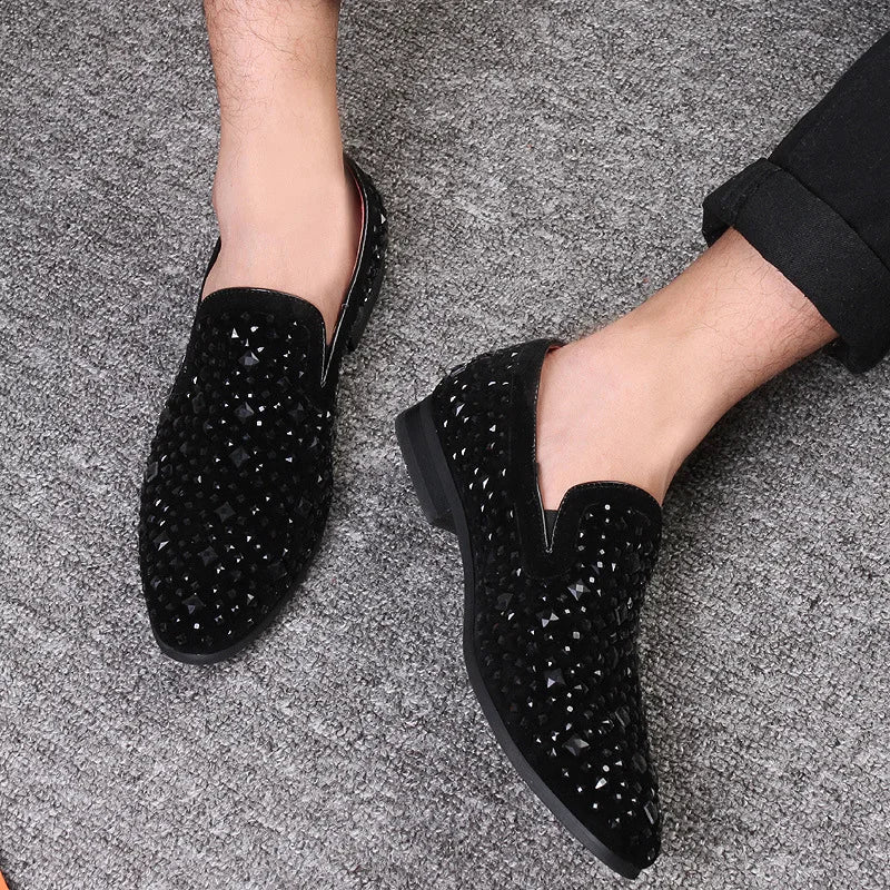 Black Luxury Men Dress Shoes Designer Spikes Loafers Shoes Denim Metal Sequins Footwear High Quality Casual Men Leather Shoes