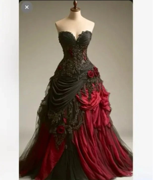 Gothic Dark Red And Black Wedding Dress Sweetheart Sleeveless Long Ruched Retro Bridal Gown Lace Appliques Customized Vestido