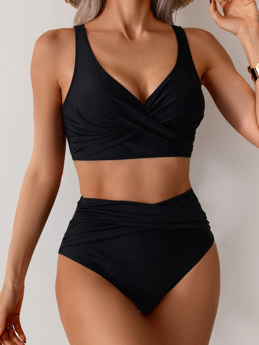 Women's Bikini Sets Two Piece Swimsuit High Waisted V Neck Twist Front Adjustable Spaghetti Straps Bathing Suit