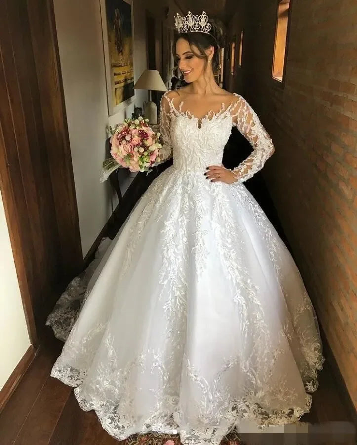 Luxury Long Wedding dress Transparent neck pearl lace long sleeve sweep train bridal dress new custom Vestido De Noiva 2024