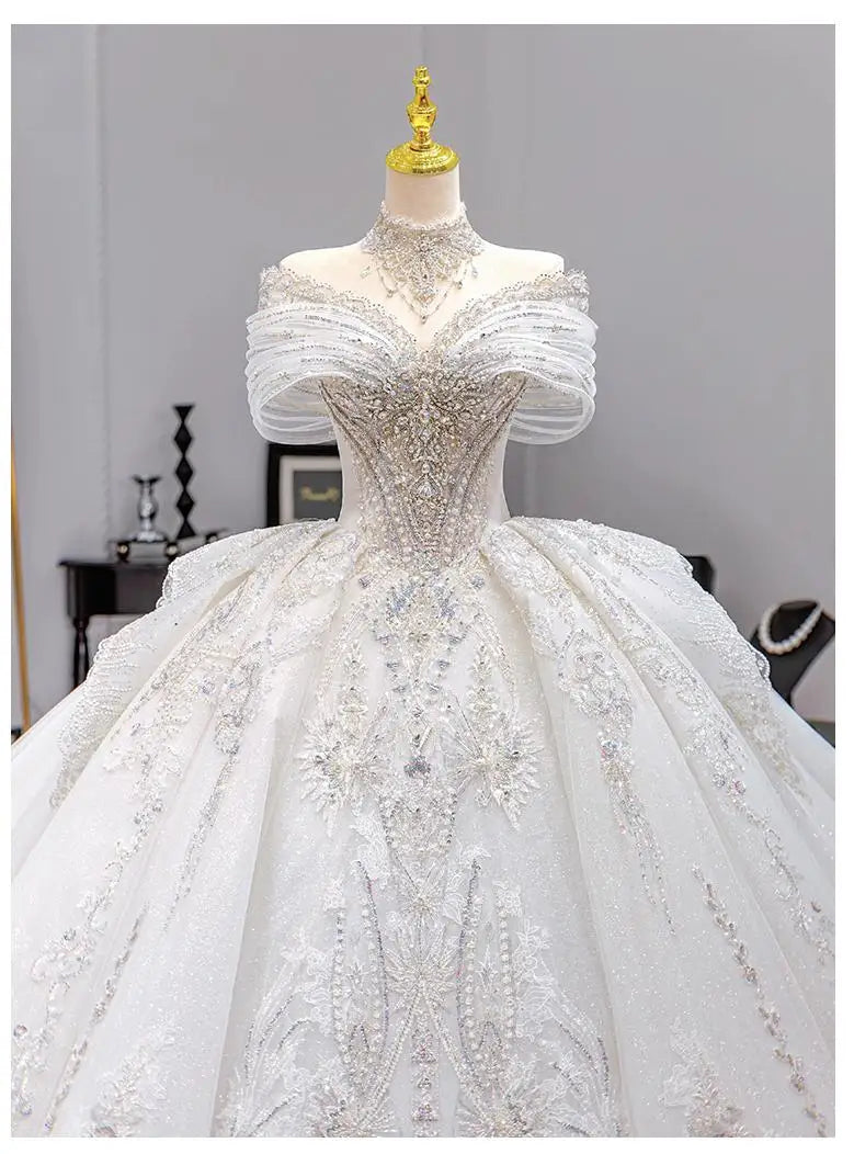 French Wedding Dress Heavy Industry Beaded Bride High-end Starry Sky Texture Small Main Veil Light Luxury Customized