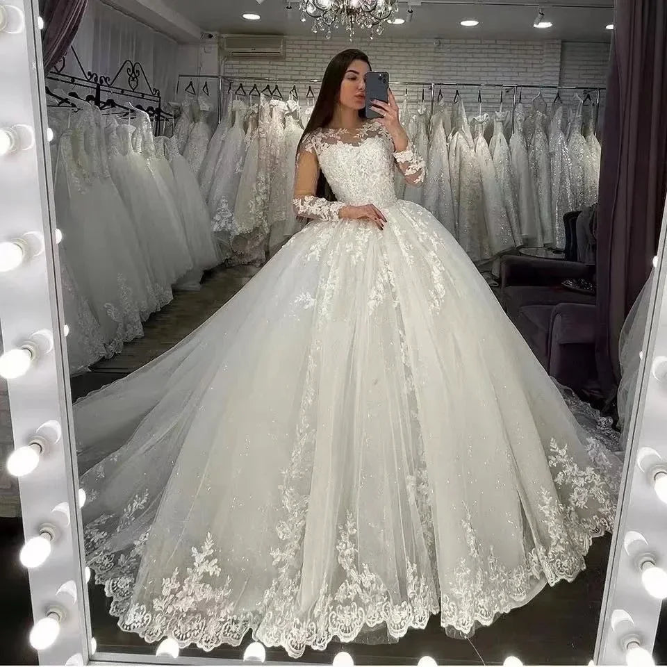 Customized Illusion Long Sleeves Wedding Dresses Princess Beading Lace Appliques Ball Gown Bridal Gowns Vestido De Noiva