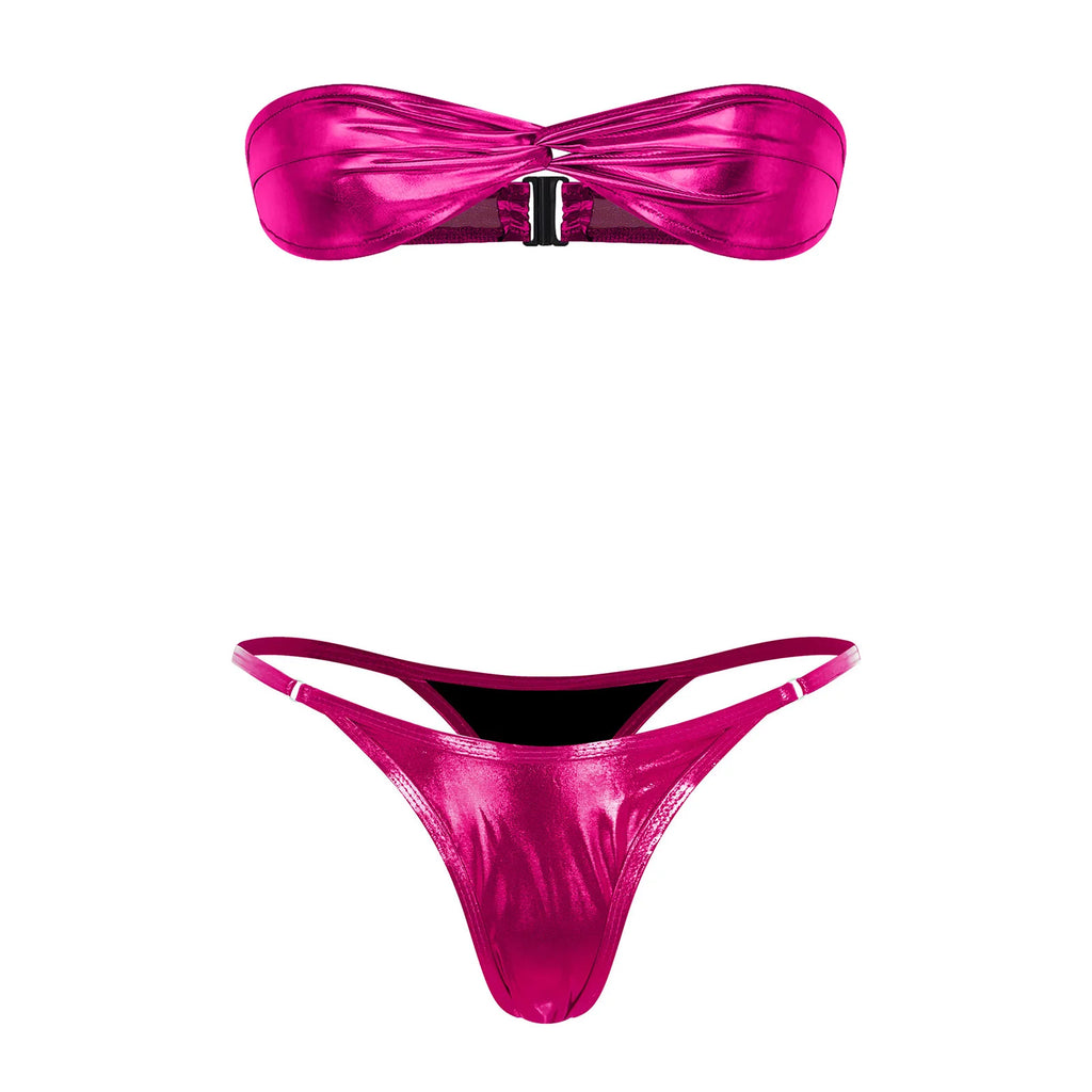 Women Metallic Shiny Micro Bikini Set Bathing Suit Strapless Bra Top with T-back Briefs Beach Pool Sunbathing Swimwear Beachwear