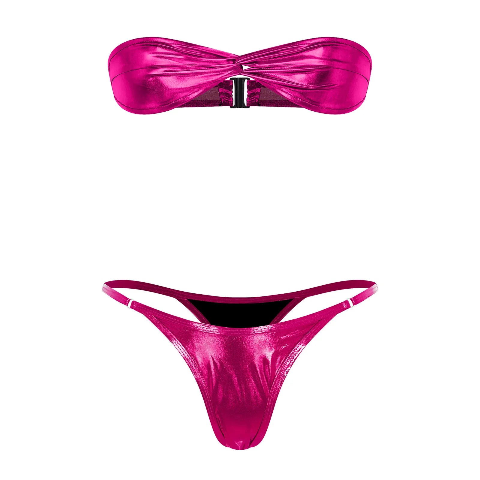 Women Metallic Shiny Micro Bikini Set Bathing Suit Strapless Bra Top with T-back Briefs Beach Pool Sunbathing Swimwear Beachwear
