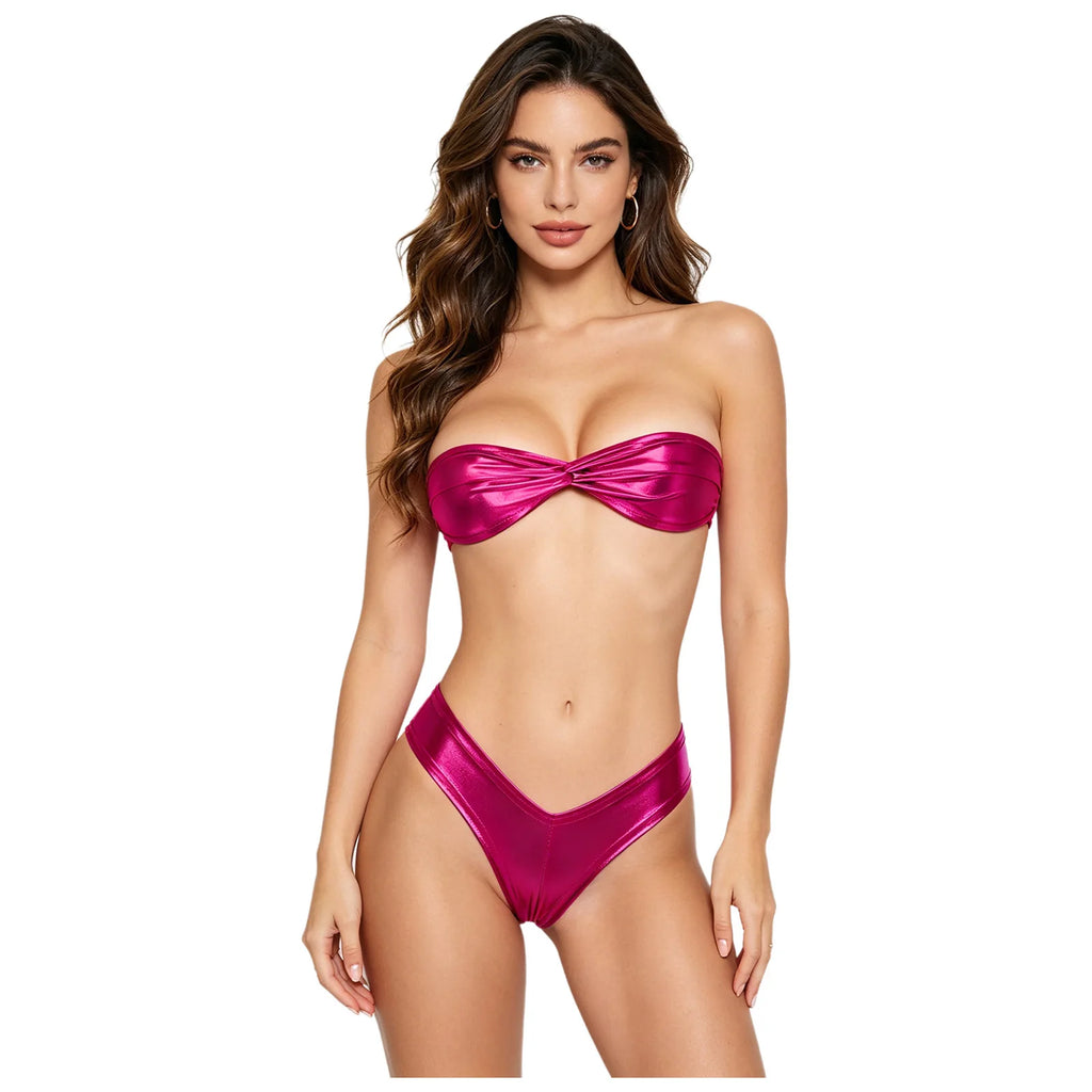 Women Metallic Shiny Micro Bikini Set Bathing Suit Strapless Bra Top with T-back Briefs Beach Pool Sunbathing Swimwear Beachwear