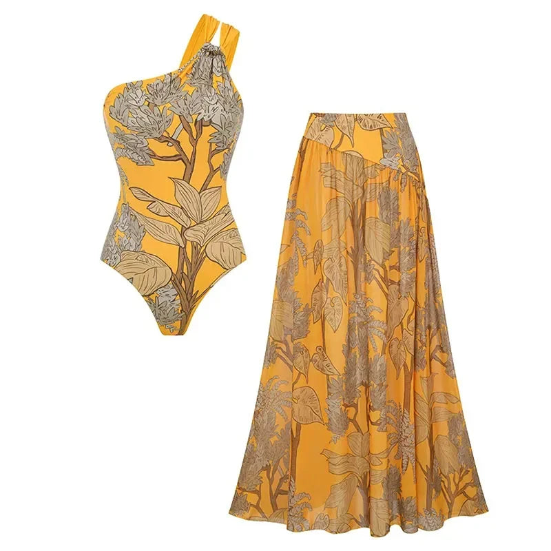 Sexy Bikini One Shoulder Printed Swimsuit Sets Bandeau Biquini Women Swimwear Push Up Bathing Suits Female Long Skirt Beachwear
