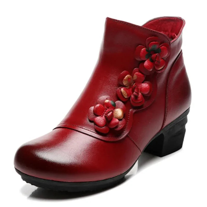 YAERNI Autumn Winter Shoes Woman Cow Leather Flower Shoes Comfort Med Heel Ankle Boots Genuine Leather Fashion Shoes women
