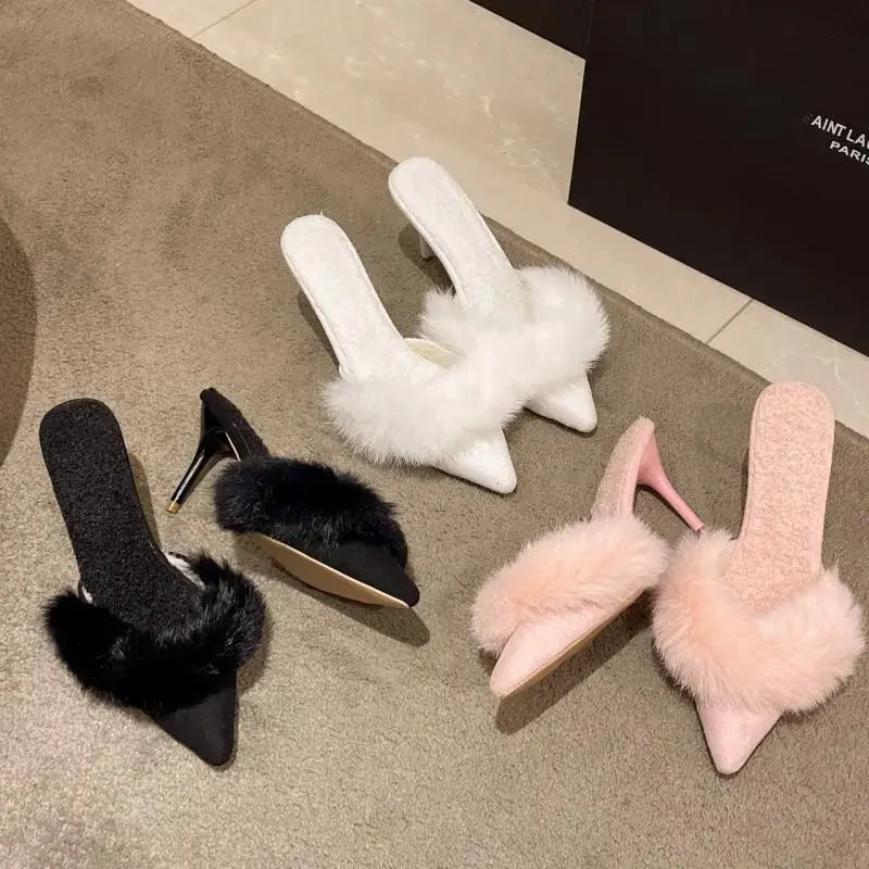 2024 Spring Faux Fur Mules Slippers Women Pointed Toe Slip-On Thin Heels Sandals Woman Short Plush Lined Closed Toe Slides Shoes