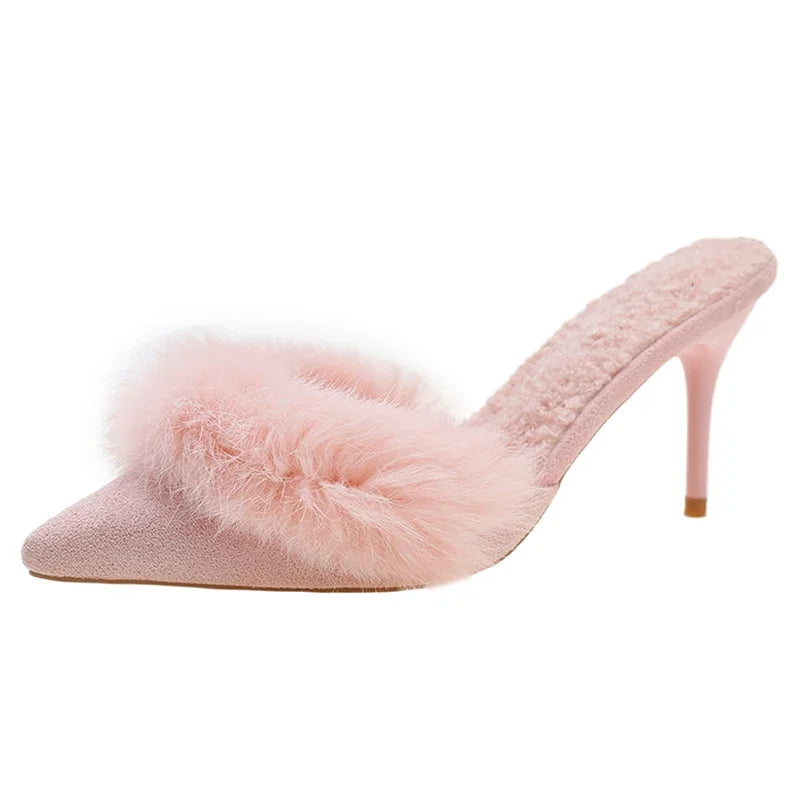 2024 Spring Faux Fur Mules Slippers Women Pointed Toe Slip-On Thin Heels Sandals Woman Short Plush Lined Closed Toe Slides Shoes