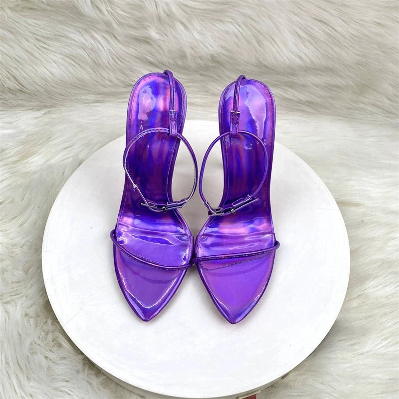 2025 Summer New Laser Purple Fashion Ultra fine One line Buckle with Thin Heels Sandals Sexy Fashion Large Size