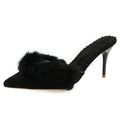 2024 Spring Faux Fur Mules Slippers Women Pointed Toe Slip-On Thin Heels Sandals Woman Short Plush Lined Closed Toe Slides Shoes