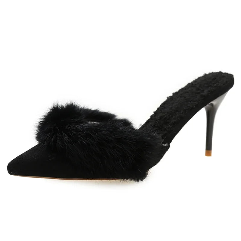 2024 Spring Faux Fur Mules Slippers Women Pointed Toe Slip-On Thin Heels Sandals Woman Short Plush Lined Closed Toe Slides Shoes