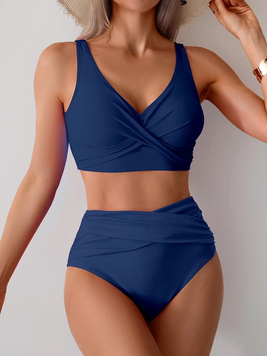 Women's Bikini Sets Two Piece Swimsuit High Waisted V Neck Twist Front Adjustable Spaghetti Straps Bathing Suit