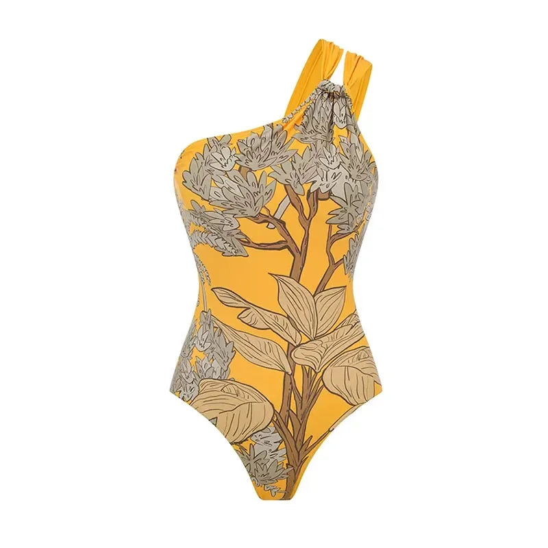 Sexy Bikini One Shoulder Printed Swimsuit Sets Bandeau Biquini Women Swimwear Push Up Bathing Suits Female Long Skirt Beachwear