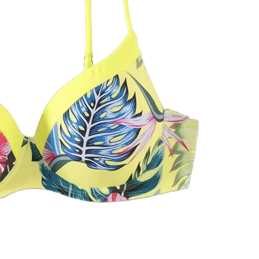 Fashion Little Green New Bikini Split Plant Printed Swimsuit and Swimsuit Set Gather Beach Hot Springs Women's Strap Swimsuit