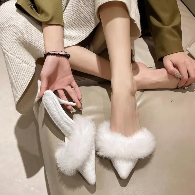 2024 Spring Faux Fur Mules Slippers Women Pointed Toe Slip-On Thin Heels Sandals Woman Short Plush Lined Closed Toe Slides Shoes
