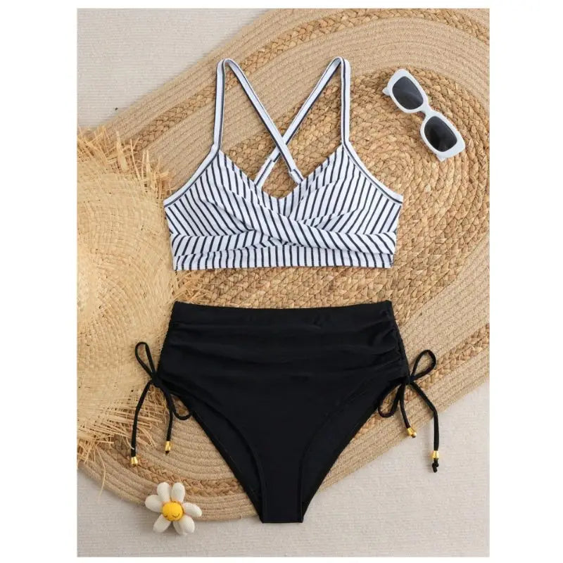 Cikini Sexy High Waist Criss-Cross Strap Bikini Set For Women, Metal Pendant Decor, Adjustable Drawstring