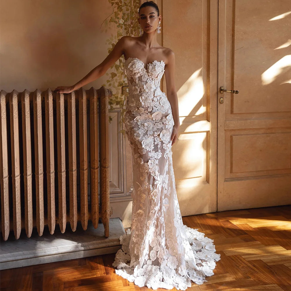 Charming Handmade Flowers and Pearls Robe de mariée Elegant Mermaid Sleeveless Wedding Dress Classic Tulle Sequined Bridal Gowns