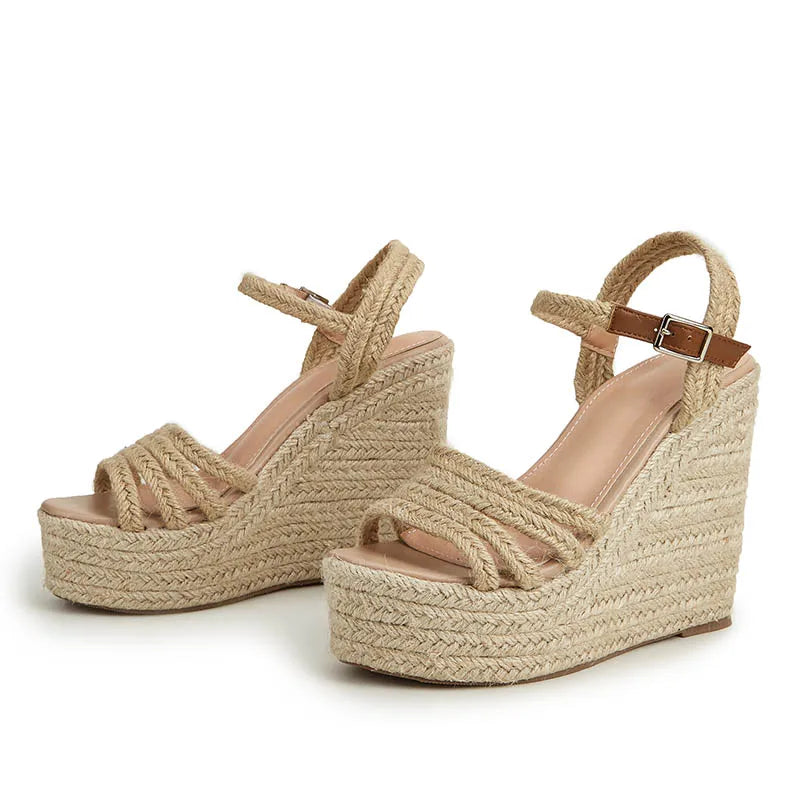 EAGSITY Espadrilles Spring summer bohemian wedges platform peep toe women sandals ankle strap high heel casual shoes pumps