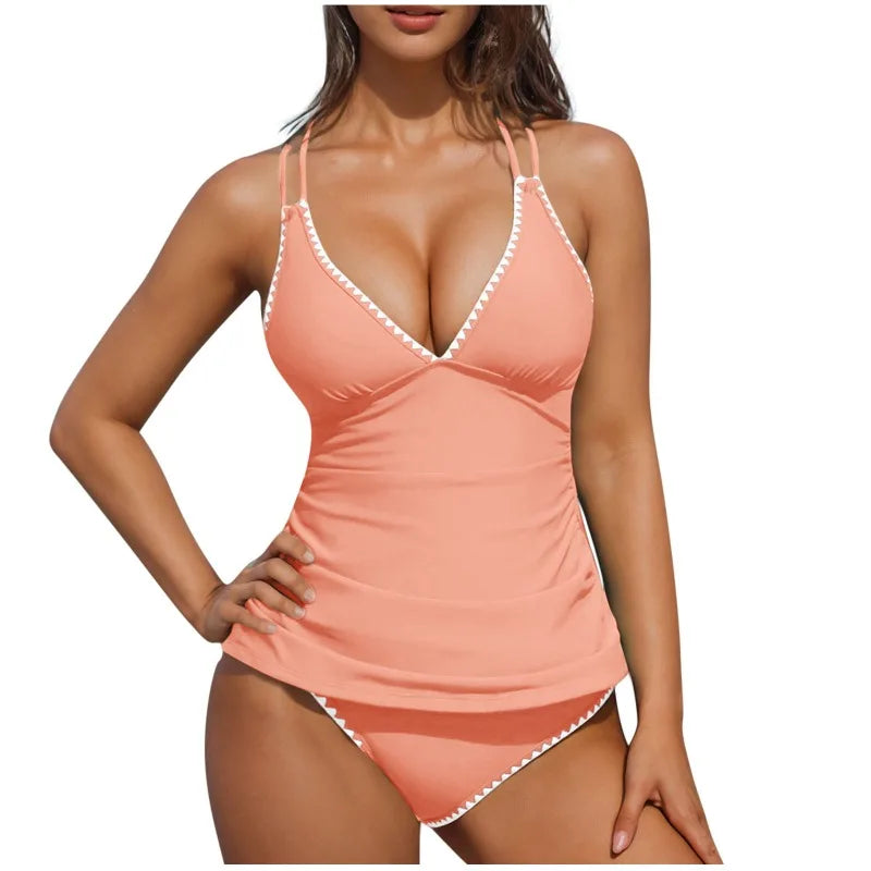 Women Tankini Swimsuit Color Block Tummy Control V Neck Push Up Top High Waisted Swim Bottom 2026 Summer Two Piece Bathing Suit