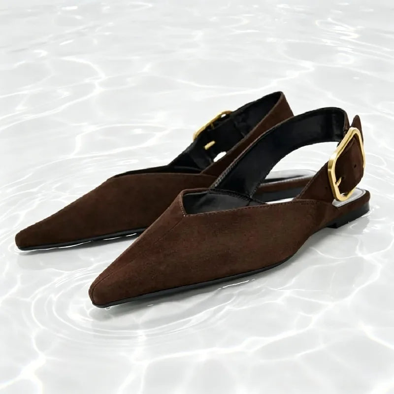 Fashion Back Strap Metal Buckle Flat Pumps Women Retro Brown Faux Suede Pointed Toe Slingback Loafers Comfortable Women Shoes