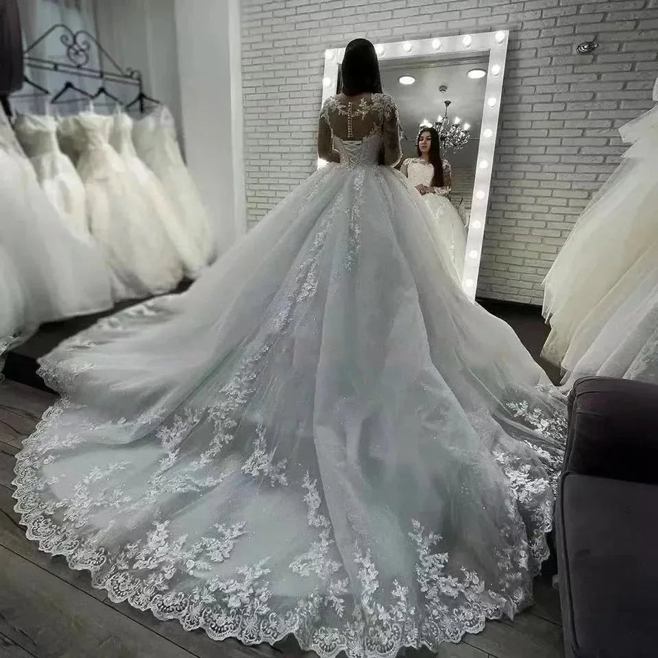 Customized Illusion Long Sleeves Wedding Dresses Princess Beading Lace Appliques Ball Gown Bridal Gowns Vestido De Noiva