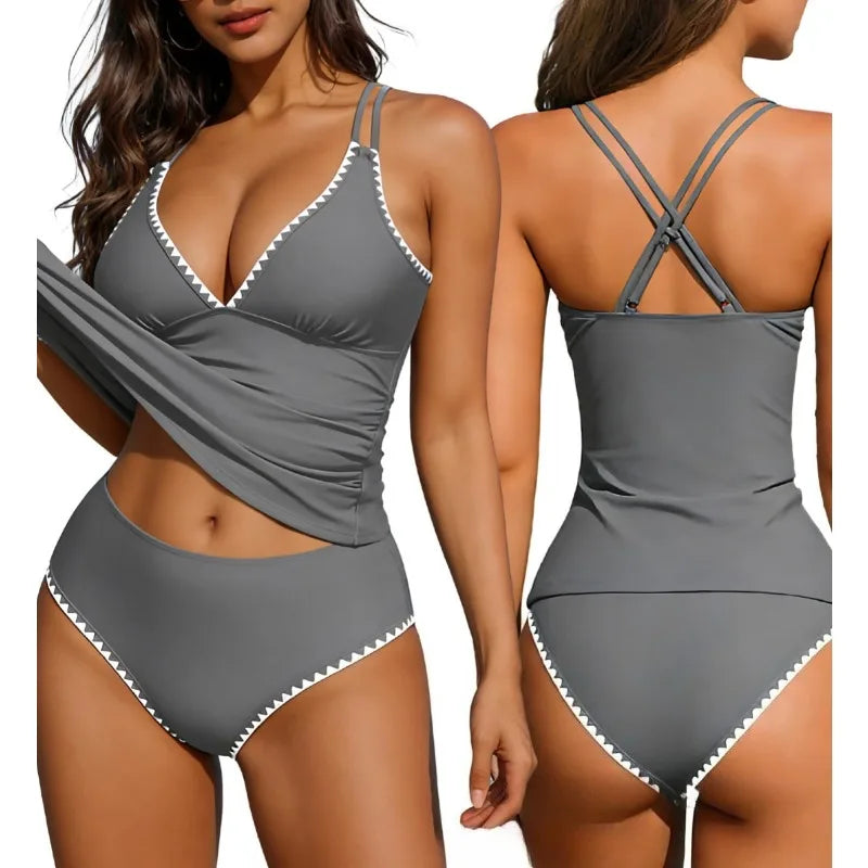 Women Tankini Swimsuit Color Block Tummy Control V Neck Push Up Top High Waisted Swim Bottom 2026 Summer Two Piece Bathing Suit