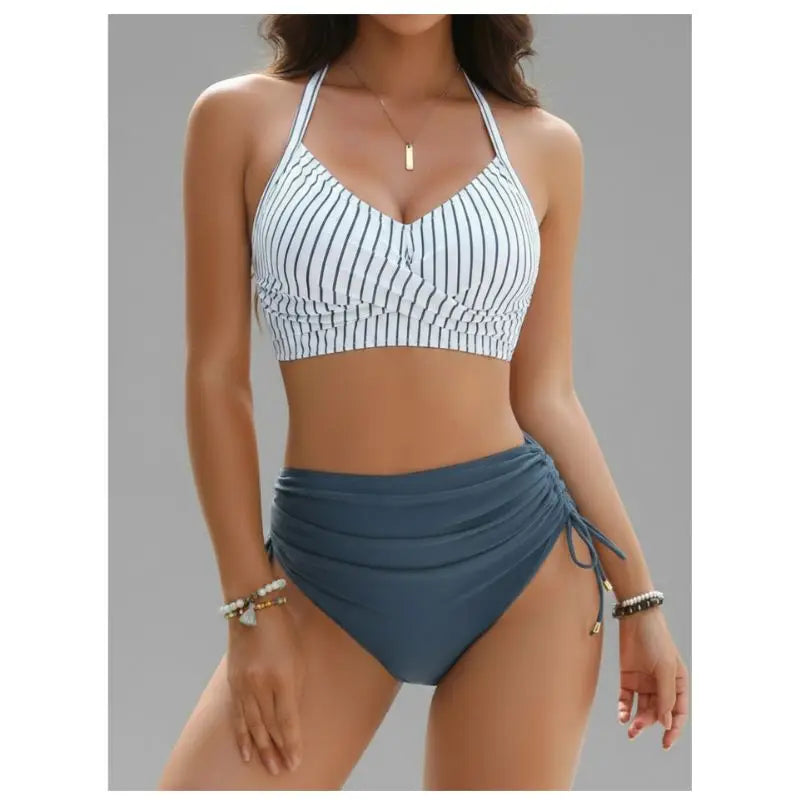 Cikini Sexy High Waist Criss-Cross Strap Bikini Set For Women, Metal Pendant Decor, Adjustable Drawstring