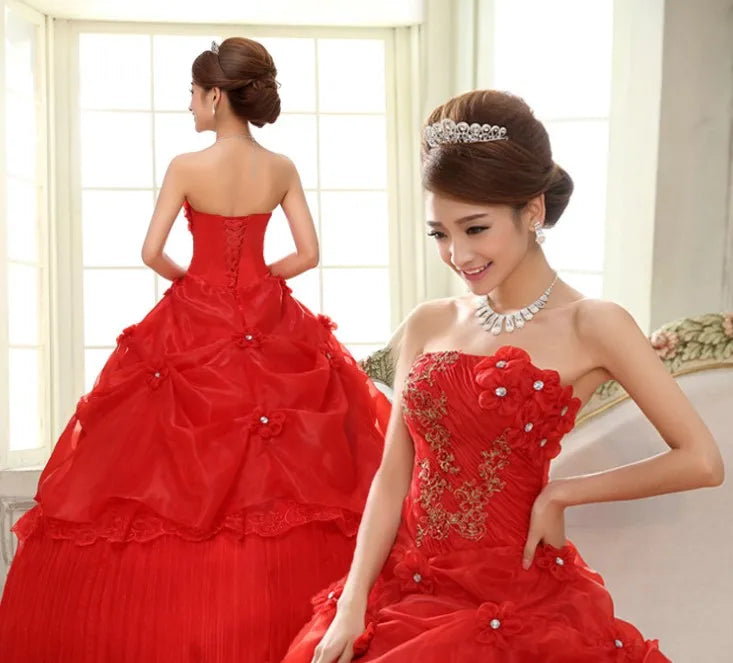 Customized Pink/White/Red Bride Wedding Dress Lace Up Tube Top Floor-length Wedding Dresses Plus Size Flower Dresses Ball Gowns