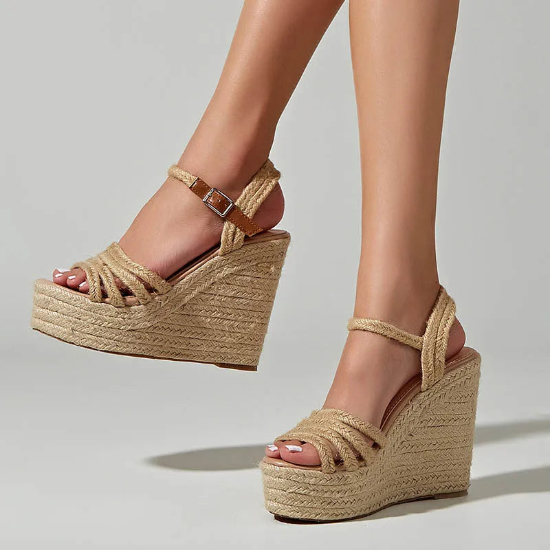 EAGSITY Espadrilles Spring summer bohemian wedges platform peep toe women sandals ankle strap high heel casual shoes pumps