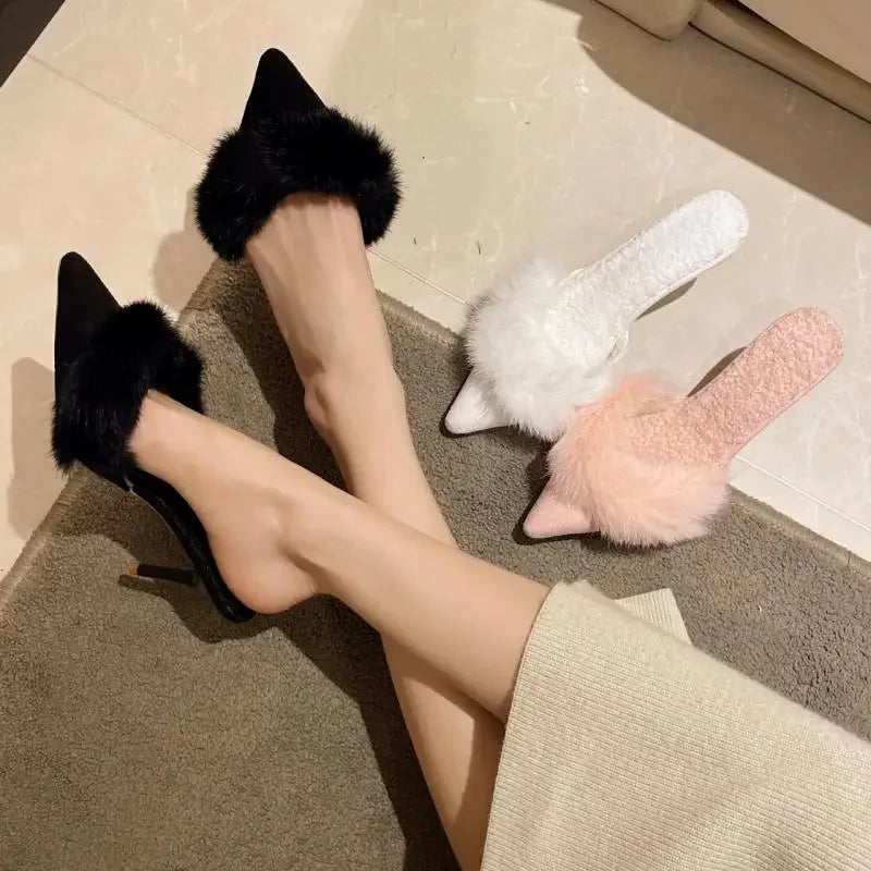 2024 Spring Faux Fur Mules Slippers Women Pointed Toe Slip-On Thin Heels Sandals Woman Short Plush Lined Closed Toe Slides Shoes