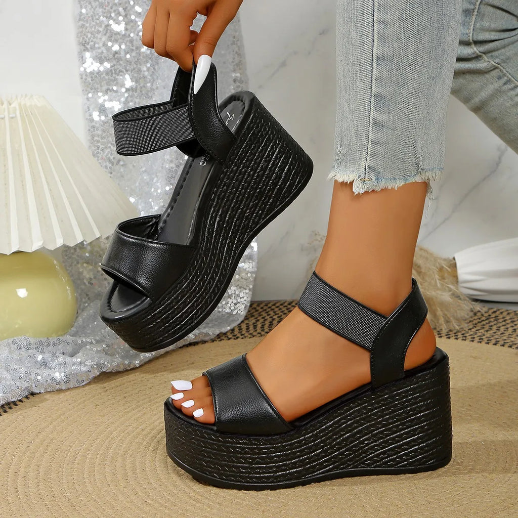 Aphixta Wedge Sandals Peep Toe Elastic Band Shoes Woman Platform Fashion 9cm Golden Summer Super High Heel Shoes Female Sandal