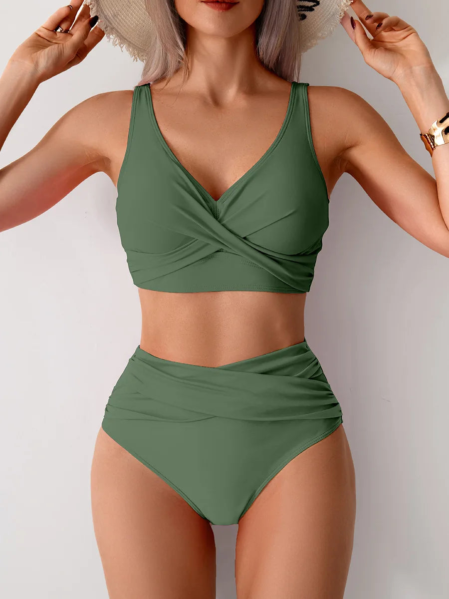 Women's Bikini Sets Two Piece Swimsuit High Waisted V Neck Twist Front Adjustable Spaghetti Straps Bathing Suit