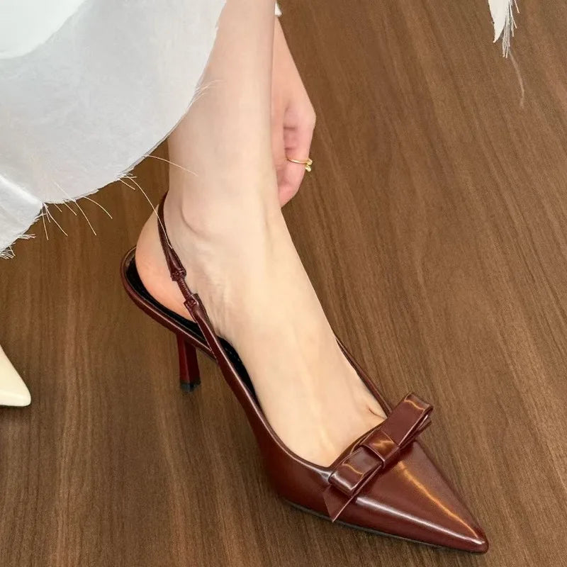 Bow pointed high heels sandals 2025 female brand designer shoes fashion slide sexy suspender shoes elegant mules casual shoes