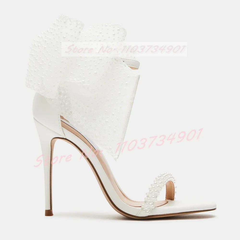 Big Butterfly-Knot Crystals Wedding Sandals Women Elegant Pearl Round Toe High Heels Shoes Lady Ankle Strap Party Trendy Sandals