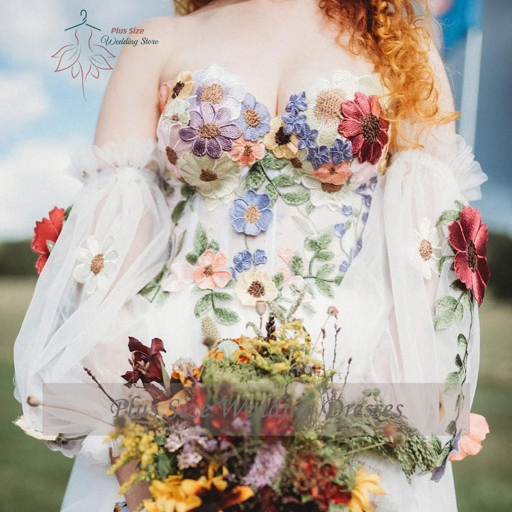 Customized Flowers Wedding Dresses Plus Size Sweetheart Neck Puff Sleeves Bride Gowns Floor Length Tulle A-Line Vestido De Noiva