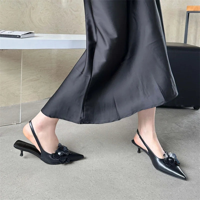 Eilyken Fashion Sexy Flower Pointed Toe Thin Low Heels Pumps Women Elegant Wedding Slingback Mules Shoes Zapatos De Mujer