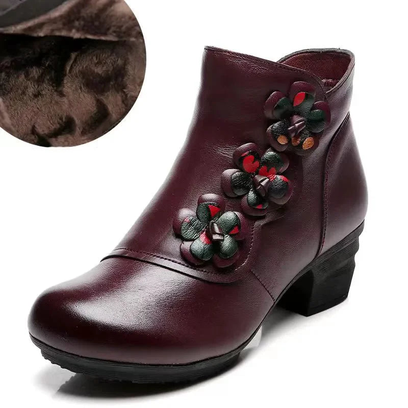 YAERNI Autumn Winter Shoes Woman Cow Leather Flower Shoes Comfort Med Heel Ankle Boots Genuine Leather Fashion Shoes women