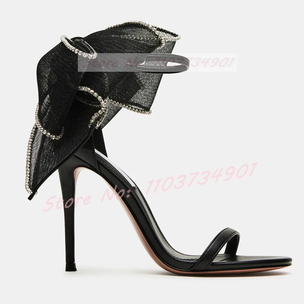 Big Butterfly-Knot Crystals Wedding Sandals Women Elegant Pearl Round Toe High Heels Shoes Lady Ankle Strap Party Trendy Sandals