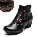 YAERNI Autumn Winter Shoes Woman Cow Leather Flower Shoes Comfort Med Heel Ankle Boots Genuine Leather Fashion Shoes women