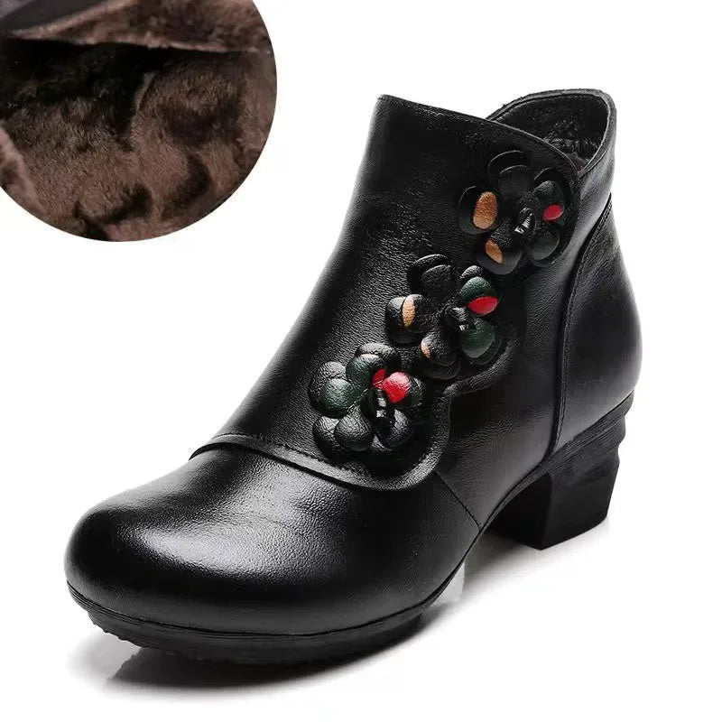 YAERNI Autumn Winter Shoes Woman Cow Leather Flower Shoes Comfort Med Heel Ankle Boots Genuine Leather Fashion Shoes women
