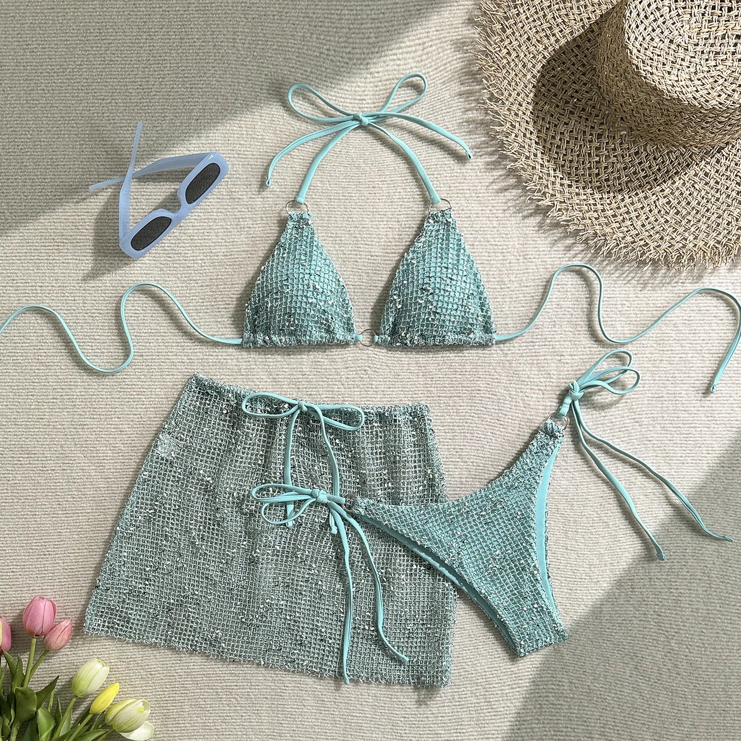Circyy Swimsuit Women Women Neck-mounted Backless Split Swimsuit Mesh Three-piece Cover-Ups Wrap Skirt Lace Up Thong Summer 2025