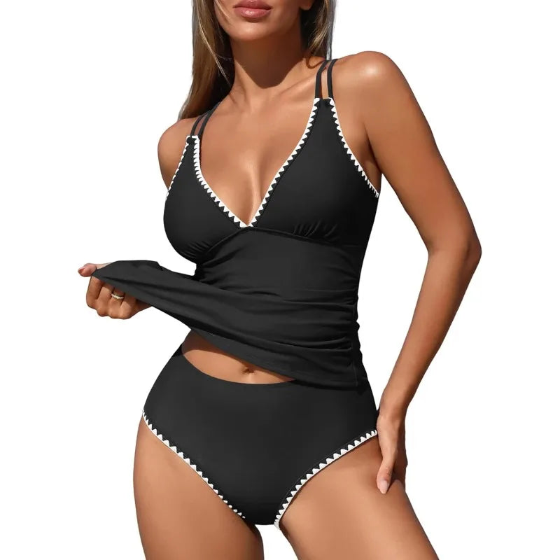 Women Tankini Swimsuit Color Block Tummy Control V Neck Push Up Top High Waisted Swim Bottom 2026 Summer Two Piece Bathing Suit